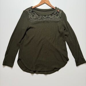 SHEIN Women's Long Sleeve Dark Green Top with Floral Lace Collar, Size S